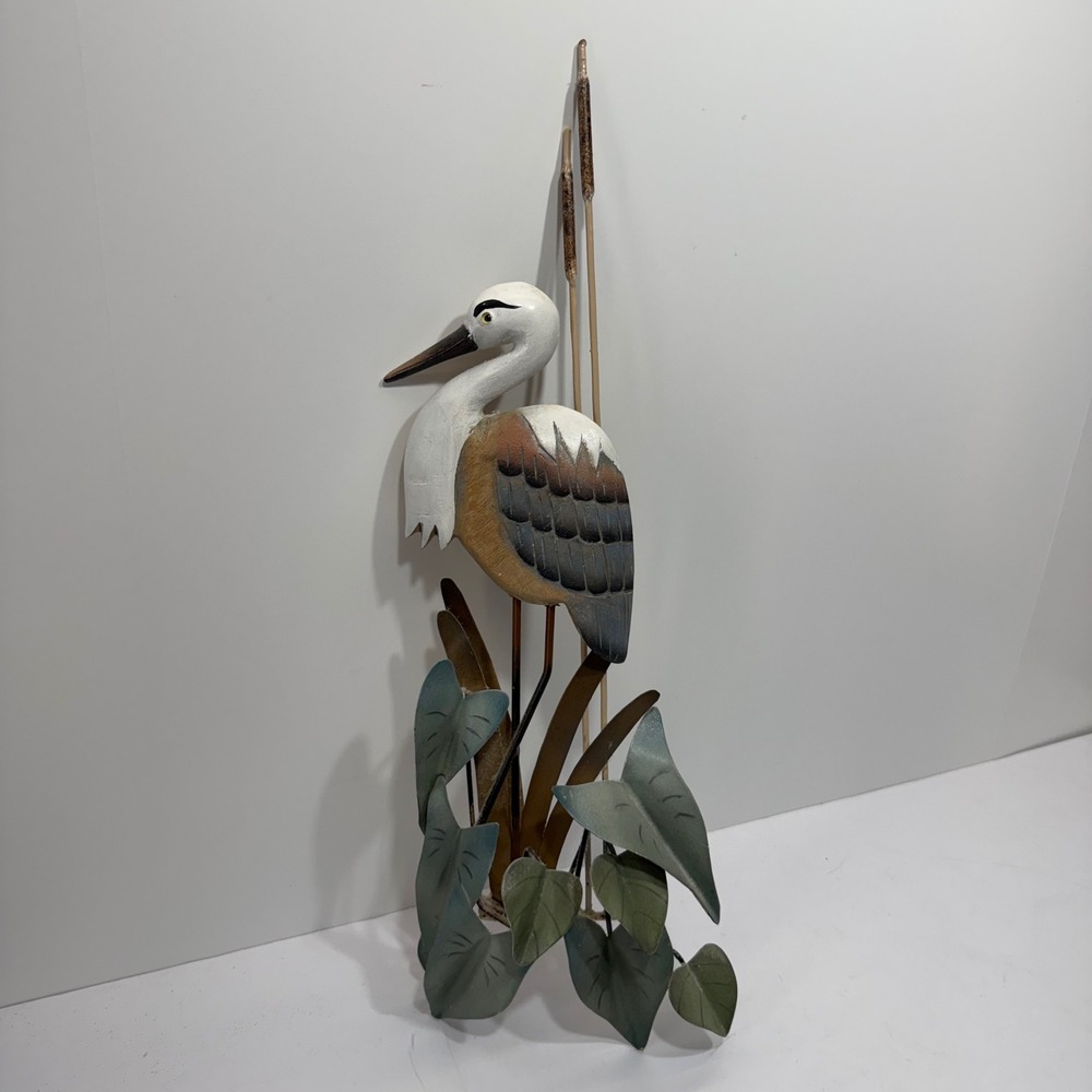 Vintage Metal Heron Crane Wall Art Decor Cattails Reeds Coastal Rustic